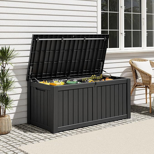 Outdoor Storage Deck Boxes Waterproof, Waterproof and UV Resistant Outdoor Storage Box Lockable Lid for Delivery Box, Indoor, Garden Tools, Pool Supplies, Patio (Black, 120 Gallon)