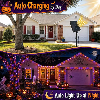 2Pack Solar Halloween String Lights Outdoor, 66ft 200LEDs Purple & Orange String Light with 11 Modes, Waterproof Patriotic Solar Lights for Garden Yard Pathway Fence Party Memorial Day