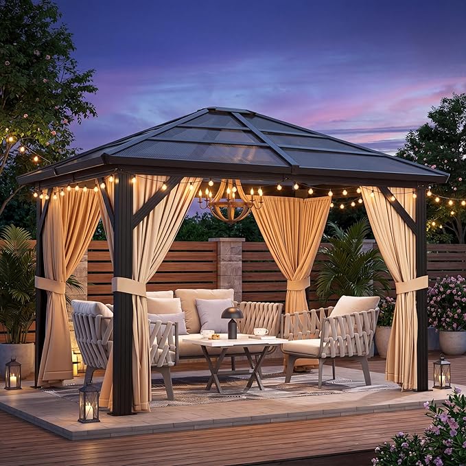 GAOMON 10x12ft Gazebo, Hardtop Outdoor Canopy Aluminum Frame Permanent Gazebo with Netting and Curtains, Polycarbonate Garden Tent for Patio, Lawn, Backyard, Deck (10'x12')
