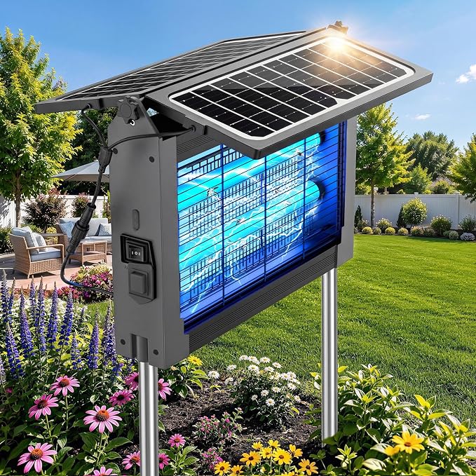 Upgraded Solar Bug Zapper Outdoor with Dual Panels, 4500V Cordless Rechargeable Fly Insect Killer Waterproof Electric Mosquitoes Zapper for Patio Garden Backyard RV Camping Pond