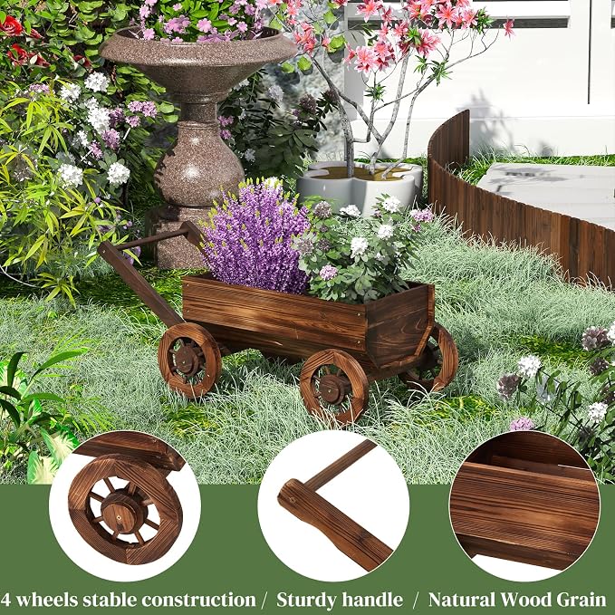 Wooden Wagon Garden Planter Cart with Wheels Rustic Flower Pot – Indoor Outdoor Patio Backyard Balcony Decor for Flowers and Plants(Large)