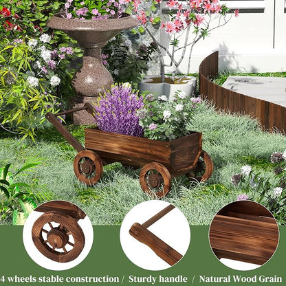 Wooden Wagon Garden Planter Cart with Wheels Rustic Flower Pot – Indoor Outdoor Patio Backyard Balcony Decor for Flowers and Plants(Large)