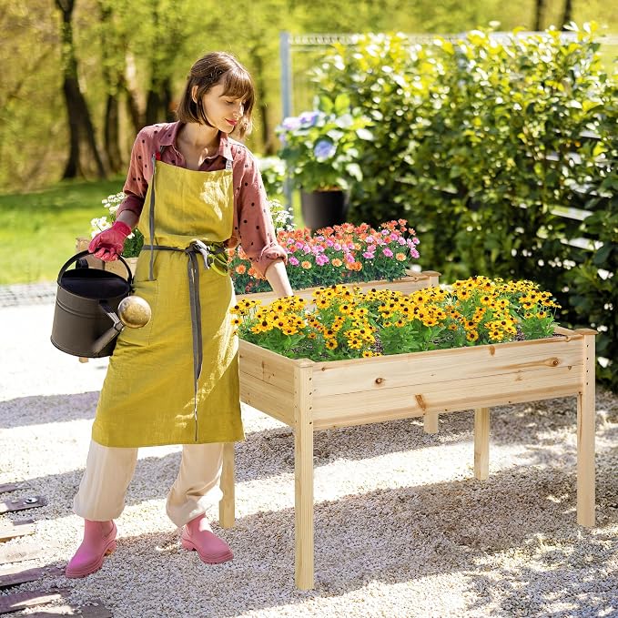 4 FT Outdoor Wooden Raised Garden Bed, Elevated Large Planter Box with Legs for Vegetable/Flower, Standing Growing Bed for Gardening/Backyard/Patio/Balcony, Natural