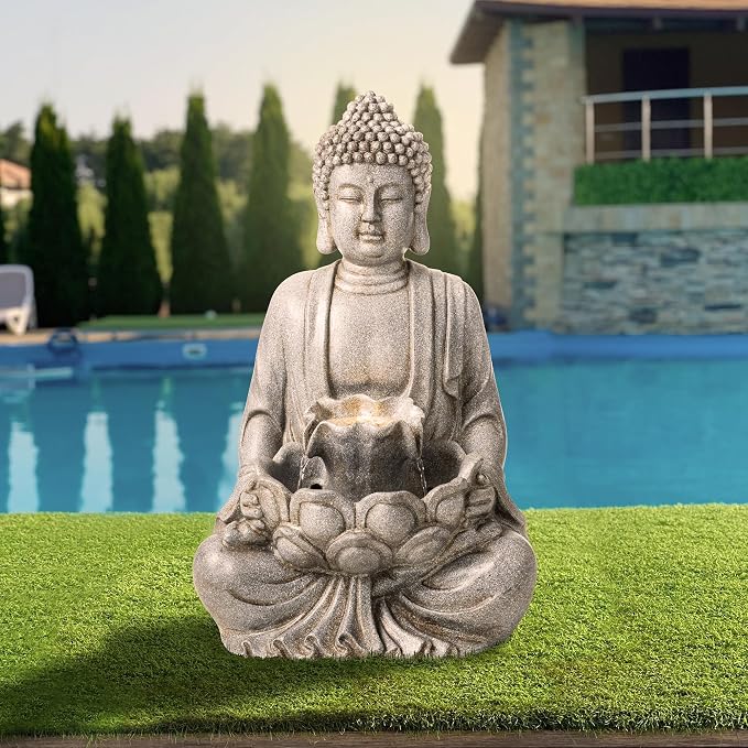 Glitzhome Buddha Fountain Outdoor with Pump & LED Light 23.25" H, 2-Tier Zen Style Concrete Meditating Buddha Statues Water Fountains Floor Fountains Buddhas Sculpture for Garden Patio Backyard