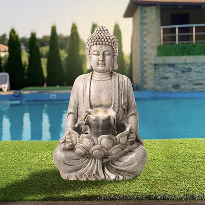 Glitzhome Buddha Fountain Outdoor with Pump & LED Light 23.25" H, 2-Tier Zen Style Concrete Meditating Buddha Statues Water Fountains Floor Fountains Buddhas Sculpture for Garden Patio Backyard