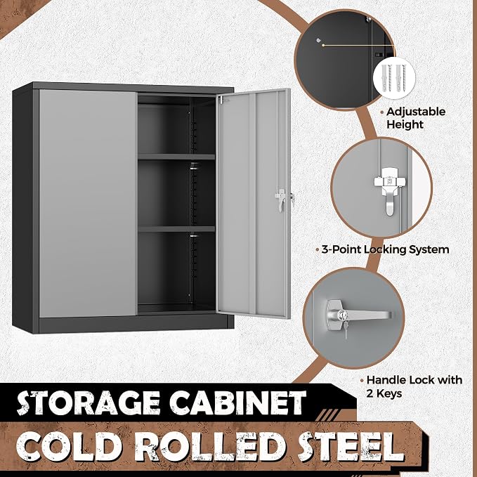 INTERGREAT Metal Garage Storage Cabinet, 36" Locking Counter Cabinet with 2 Locking Doors and 2 Adjustable Shelves, Small Steel Cabinet for for Home Office, Gym, School(New Grey)