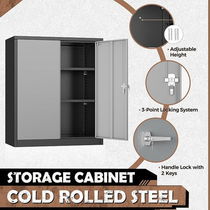 INTERGREAT Metal Garage Storage Cabinet, 36" Locking Counter Cabinet with 2 Locking Doors and 2 Adjustable Shelves, Small Steel Cabinet for for Home Office, Gym, School(New Grey)