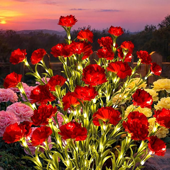 GIGALUMI Solar Lights Outdoor for Garden Decor, 4 Pack Solar Flower Lights Waterproof, 2 Lighting Modes 28 Carnations for Pathway,Yard, Patio Decoration, Gardening Gifts for Women (Red)