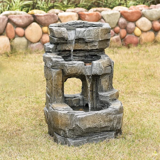 Kalona Outdoor Waterfall Fountain with LED Lights - 3-Tier Resin Rock Water Feature for Garden Patio Backyard, 21.5" Tall Fountain Decor 24392