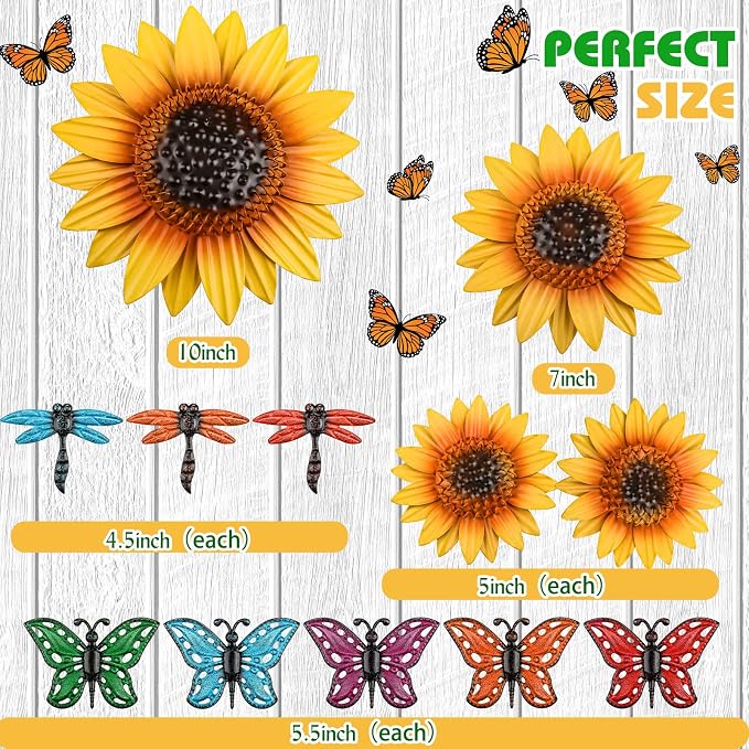 Sweetude 12 Pcs Metal Sunflower Wall Decor with Colorful Dragonfly and Butterfly Decor Flowers Wall Art Metal Yellow Summer Flowers Hanging for Garden Fence Patio Yard Outdoor Porch Home