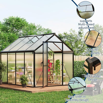 Greenhouse, 6x8 Ft Outdoor Greenhouses, Greenhouse Kit, Portablee Greenhouses with Ground Nails and Vent Windows, Sliding Lockable Door, Polycarbonate Green House for Outside Garden Backyard, Black