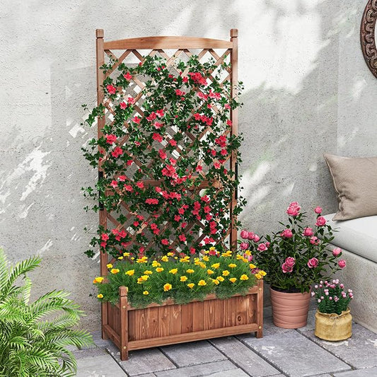 Giantex Raised Garden Bed with Trellis Set of 2, 60” Wooden Planter Container w/Drainage Holes, High Trellis for Plant Flower Climbing Pot Hanging, Indoor Outdoor Planter Box for Yard Garden Balcony