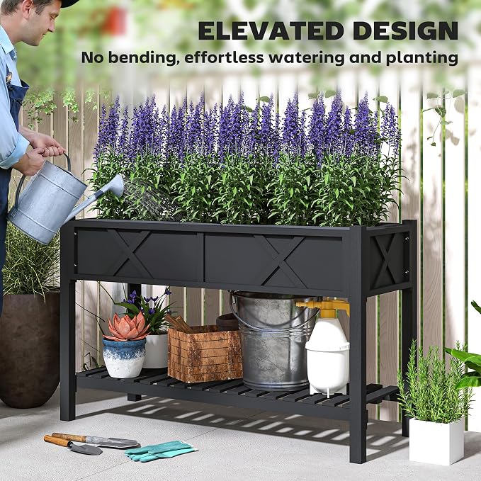 Outsunny Raised Garden Bed, Elevated Wood Planter Box with Storage Shelf, Drainage Holes and Liner for Backyard, Patio, Balcony, 47 x 22 x 31.5 in, Black