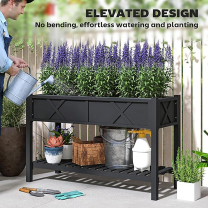 Outsunny Raised Garden Bed, Elevated Wood Planter Box with Storage Shelf, Drainage Holes and Liner for Backyard, Patio, Balcony, 47 x 22 x 31.5 in, Black