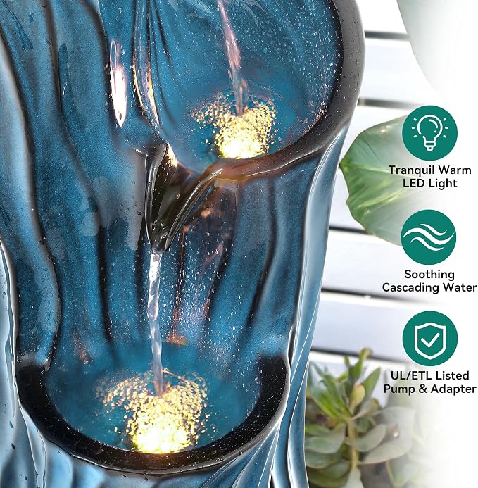 32" H Ceramic Outdoor Water Fountain with Lights, Art Sphere Fountains for Outside, Soothing Cascading Waterfalls for Relaxing Garden Patio Yard or Porch Decor, Turquoise, Dynamic Wave-Texture