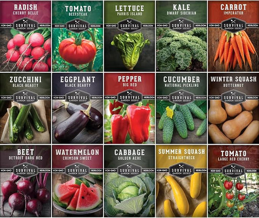 Vegetable Garden Seed Vault for Planting – 15 Pack Collection | Heirloom Non-GMO Family Garden Kit – Tomato, Lettuce, Cucumber, Squash – Indoor or Outdoor Growing – Survival Garden Seeds