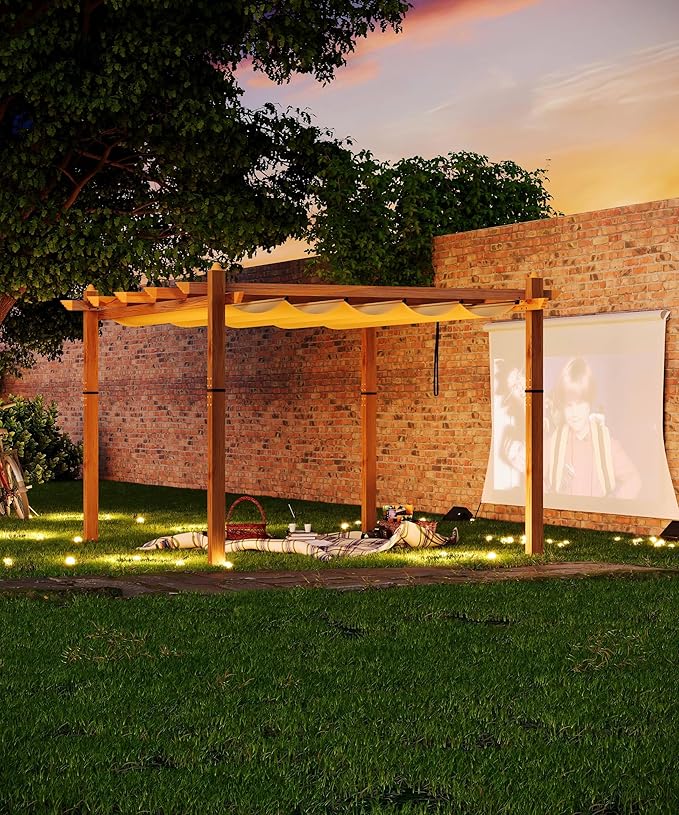 GarveeLife 10 x 13 ft Wood-Grain Aluminum Pergola Outdoor Pergola with Retractable Canopy Sun Shade Shelter for Garden, Patio, Backyard, Deck - Khaki