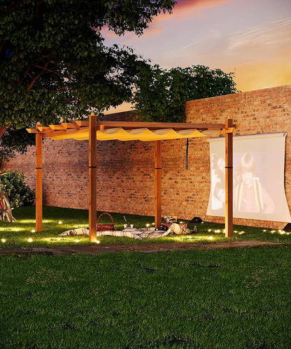 GarveeLife 10 x 13 ft Wood-Grain Aluminum Pergola Outdoor Pergola with Retractable Canopy Sun Shade Shelter for Garden, Patio, Backyard, Deck - Khaki