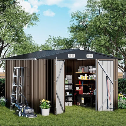 COMHOMA Shed Outdoor Storage Shed Metal,Lockable Doors Tool Sheds with Sloping Roof,Steel Garden Shed with Air Vent for Backyard,Patio,Lawn,Poolside (Brown, 10'x10') | Sloping Roof and Air Vent Perfect for Backyard Patio Lawn and Poolside