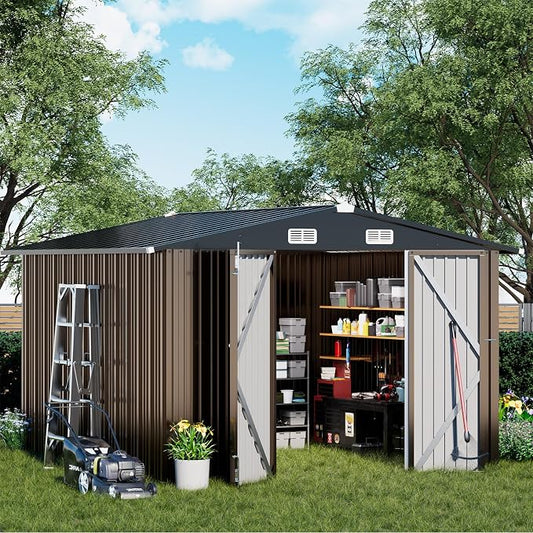 COMHOMA Shed Outdoor Storage Shed Metal,Lockable Doors Tool Sheds with Sloping Roof,Steel Garden Shed with Air Vent for Backyard,Patio,Lawn,Poolside (Brown, 10'x10') | Sloping Roof and Air Vent Perfect for Backyard Patio Lawn and Poolside