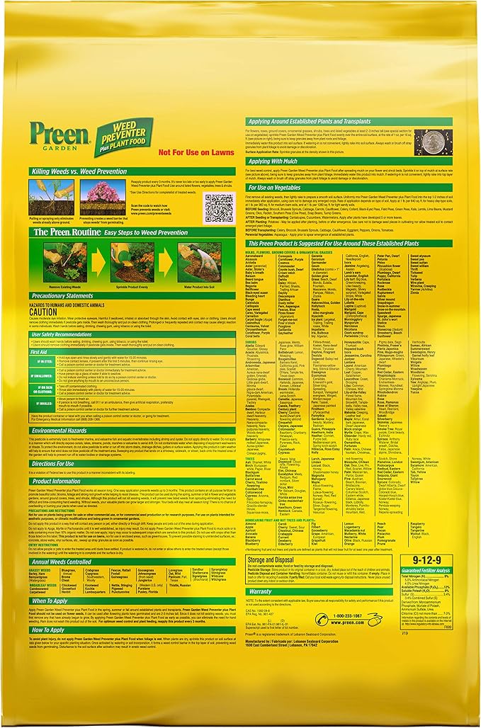 Preen Garden Weed Preventer Plus Plant Food 31.3 lb Bag, Covers 5,000 sq ft | Granular All Purpose Fertilizer with Pre Emergent Weed Control for Gardens – Prevents Weeds and Feeds Plants
