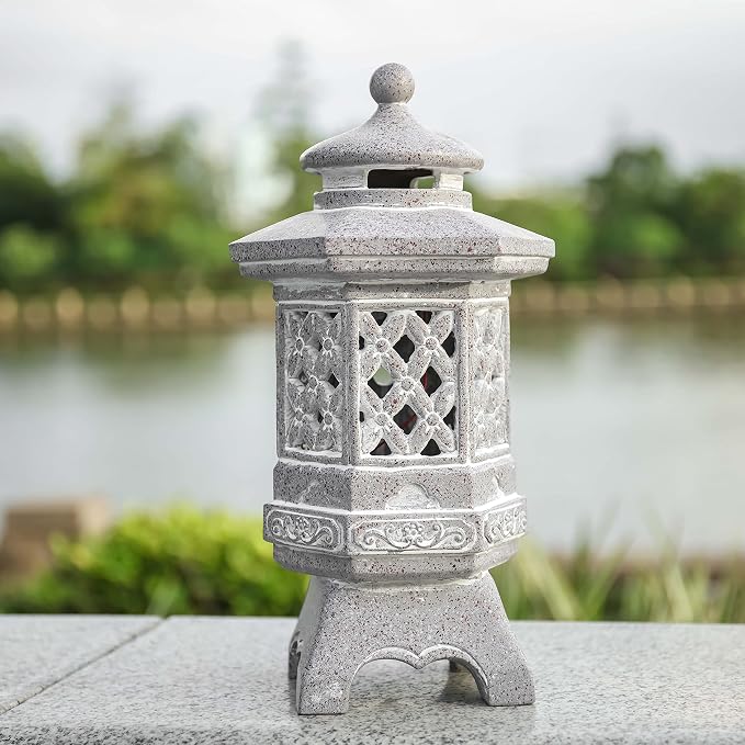 TERESA'S COLLECTIONS Pagoda Garden Statues with Solar Outdoor Light, Resin Zen Garden Lantern Asian Decor Outdoor Statues Lawn Ornaments Patio Porch Yard Decor Gifts for Mom 8.3''