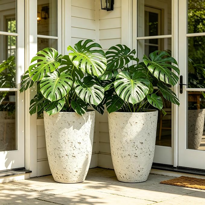 Autodaya 19.5" Resin Tall Planters for Outdoor Plants, Set of 2 Flower Pots | Country White Large Outdoor Planters With Birch Bark Texture, Heavy-Duty, Weather-Resistant For Year Round Indoor Outdoor Use