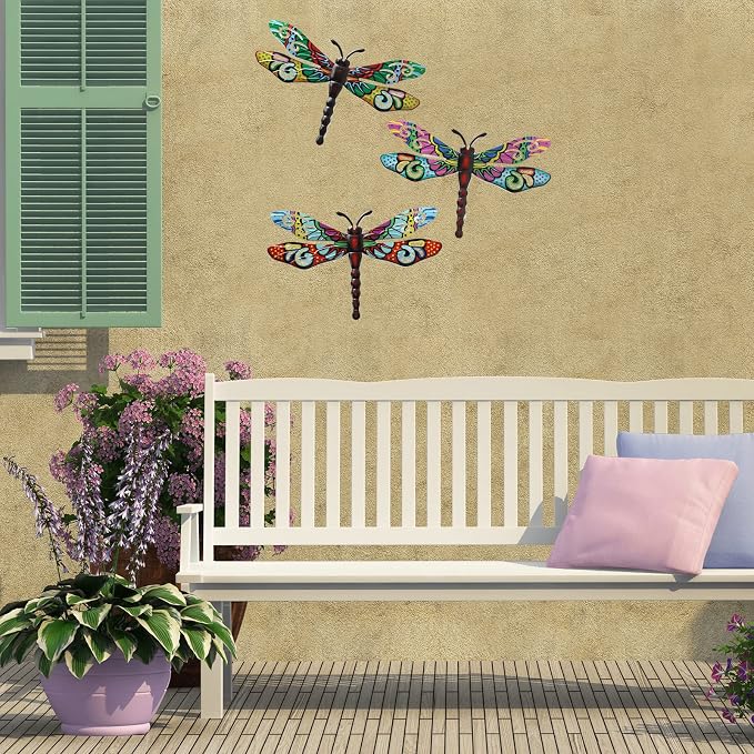 Metal Dragonfly Wall Decor，Outdoor Patio Fenxce Wall Art,Hanging Decorations for Living Room, Bedroom, 3 Pack