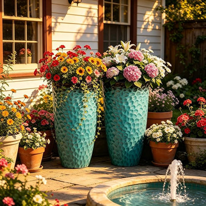 23.75" Turquoise Teal Plastic Tall Planters with Honeycomb Texture | Set of 2 PP tall planters with turquoise teal honeycomb texture, drainage plugs, and UV-treated finish for porch or patio