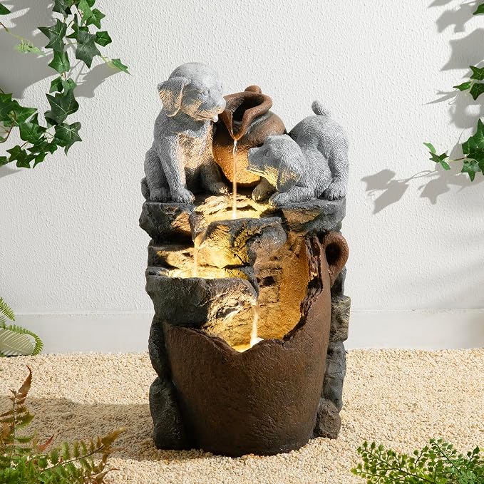 Glitzhome Water Fountain Outdoor, Outdoor Fountain with Lights & Pump, 23.5" H 4-Tiered Dogs and Pot Polyresin Cascading Waterfall Floor Standing Water Feature for Garden, Patio, Yard, Deck