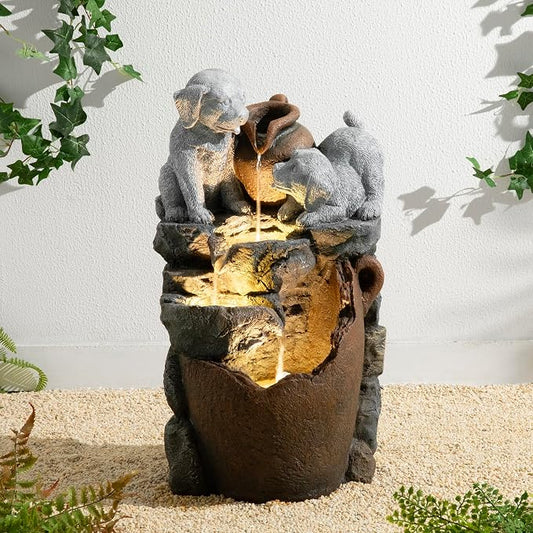 Glitzhome Water Fountain Outdoor, Outdoor Fountain with Lights & Pump, 23.5" H 4-Tiered Dogs and Pot Polyresin Cascading Waterfall Floor Standing Water Feature for Garden, Patio, Yard, Deck