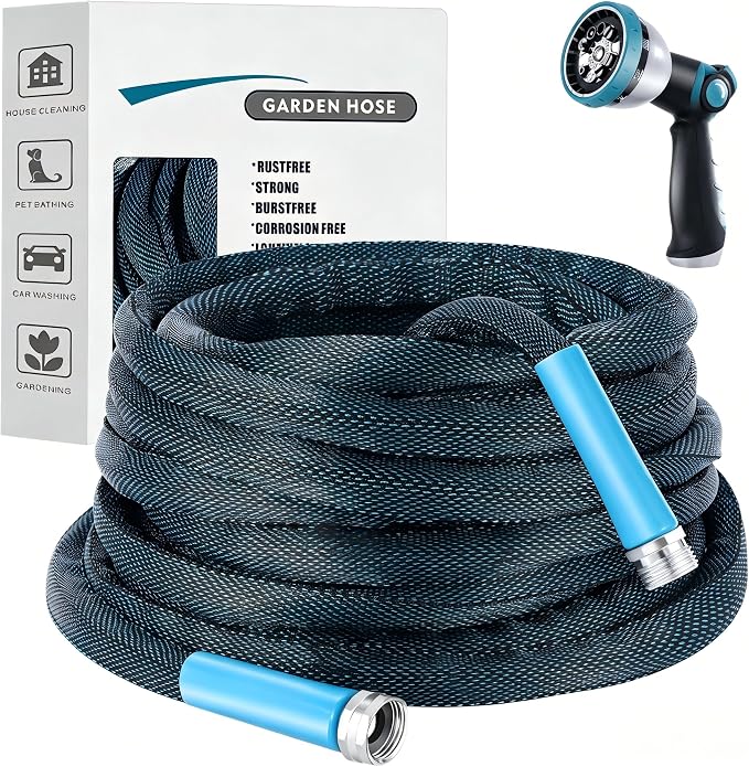 75FT Blue & Black Garden Hose, Lightweight No Kink Water Hose with 10 Function Spray Nozzle, 3/4 Inch Rust-Proof Aluminum Leak-Proof Connector for Yard Garden RV Outdoor Watering