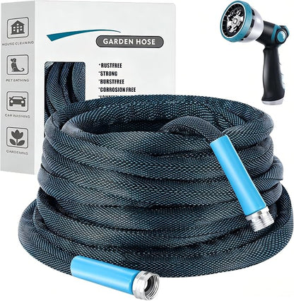 75FT Blue & Black Garden Hose, Lightweight No Kink Water Hose with 10 Function Spray Nozzle, 3/4 Inch Rust-Proof Aluminum Leak-Proof Connector for Yard Garden RV Outdoor Watering