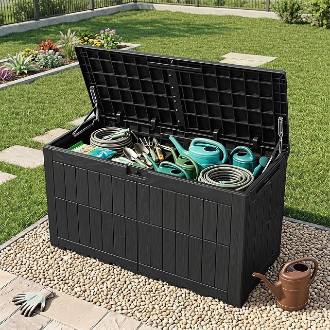 Tangkula 120 Gallon Outdoor Storage Box, Waterproof PP Resin Patio Storage Box with Lockable Lid for Indoor & Outdoor Use, 2-in-1 Rattan Design Deck Box for Cushions, Garden Tools