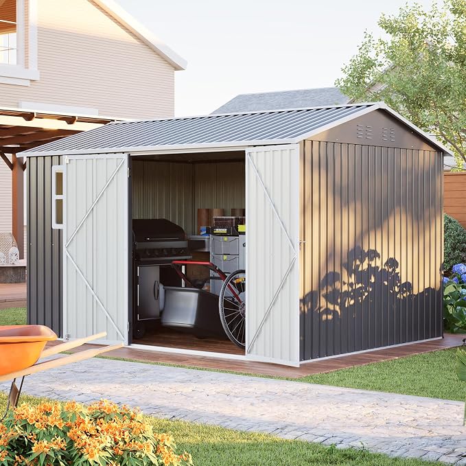 YOPTO 10x8 FT Large Outdoor Storage Shed with Window, 2 Lockable Doors & Sloped Roof, Heavy Duty Metal Tool Shed for Garden, Patio, Backyard, Lawn, Dark Gray