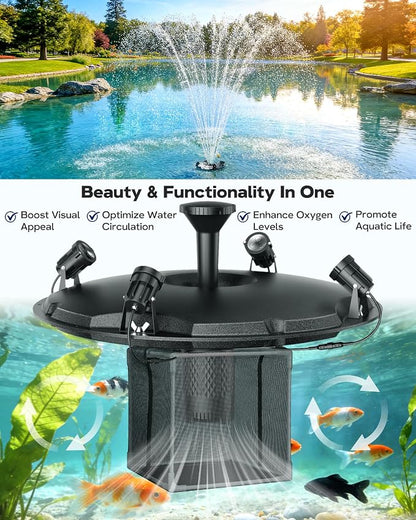 Antfraer Floating Pond Fountain with RGB LED Lights, 1600GPH Pond Fountain for Large Ponds, Remote Control Pond Aerator with 3 Spray Patterns for Water Gardens, Fish Pool & Lakes, 21.65 Inch Float