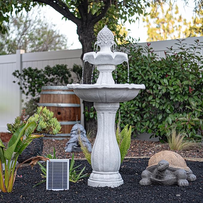 XBrand 44" Solar Powered Outdoor Fountain, Elegant 2-Tier Cascading Water Feature, Fiberglass Resin Garden & Patio Fountain with Solar Panel - White