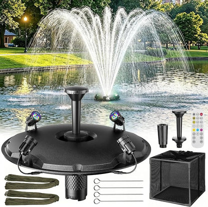 Antfraer Floating Pond Fountain with RGB LED Lights, 1600GPH Pond Fountain for Large Ponds, Remote Control Pond Aerator with 3 Spray Patterns for Water Gardens, Fish Pool & Lakes, 21.65 Inch Float