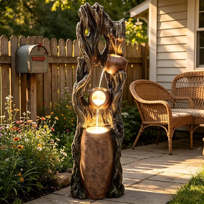 42.7" 3-Tier Outdoor Water Fountain LED Tree Trunk Jar Waterfall | vintage terra-cotta pots, patio backyard garden,Serene Relaxing Porch Decor