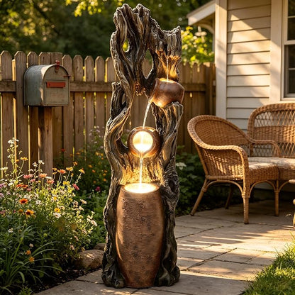 42.7" 3-Tier Outdoor Water Fountain LED Tree Trunk Jar Waterfall | vintage terra-cotta pots, patio backyard garden,Serene Relaxing Porch Decor