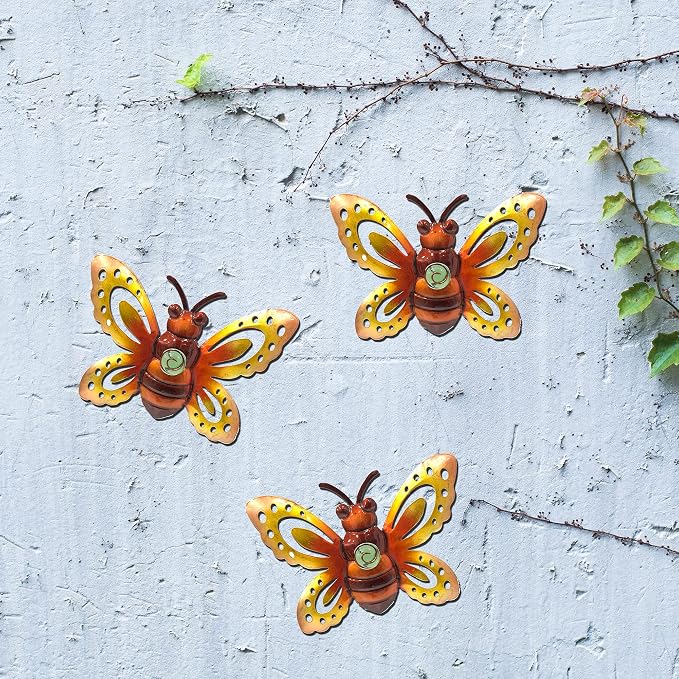 Garden Decor Metal Bee Wall Art Sculpture, Large Bee art Garden Decoration | BVLFOOK; Hanging for Outdoor & indoor; Yard Lawn Patio; Living Room décor; Bedroom; 3 Pack; Gift for Family