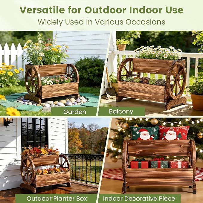 24" Extra Large Rustic 2-Tier Wooden Wagon Planter Box | Carbonized wood flower cart with 2 tiers, drainage holes, liner, and wagon wheels for porch, patio, and garden decor