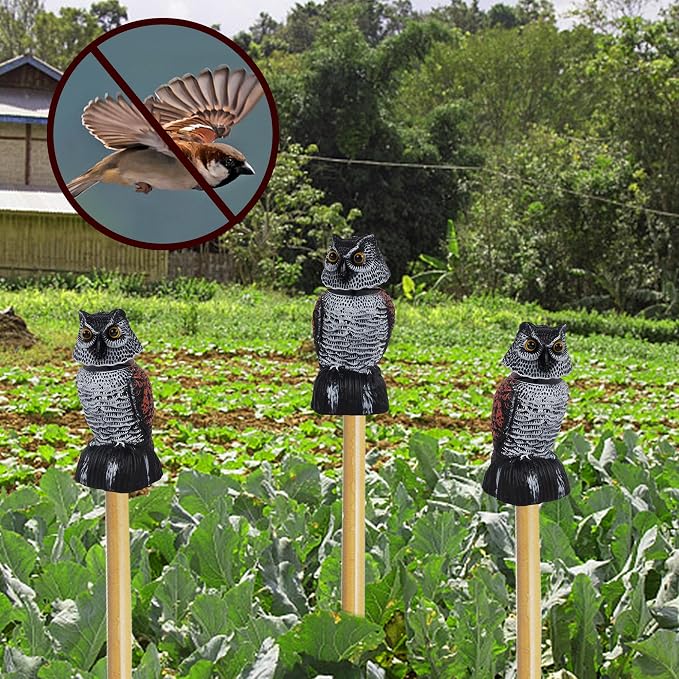 Hausse 3 Pack Bird Scarecrow Mini Fake Owl Decoy Sculpture, 8.26 inch Wagging Head Plastic Small Owl Bird Deterrents, Nature Enemy Horned Pest Repellent for Outdoor Garden Yard