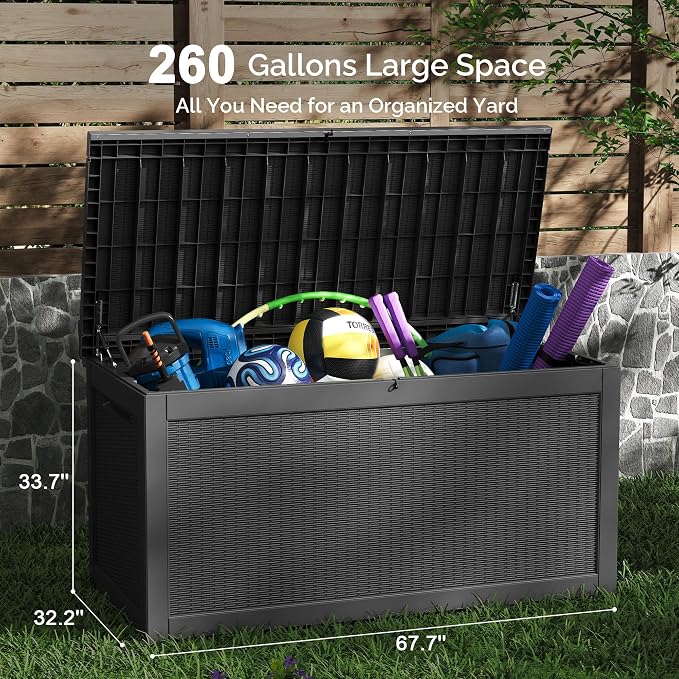 Sersper 260 Gallon Outdoor Storage Box, Large Deck Box with Gas Struct, Waterproof Resin Storage Bin for Patio Cushions, Pool Supplies, Lockable Box, UV Resistant, Black
