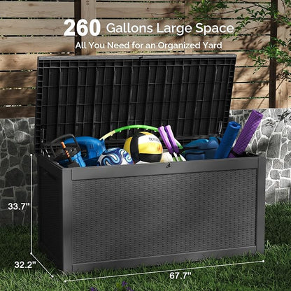 Sersper 260 Gallon Outdoor Storage Box, Large Deck Box with Gas Struct, Waterproof Resin Storage Bin for Patio Cushions, Pool Supplies, Lockable Box, UV Resistant, Black