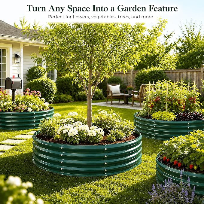 4FT Round Raised Garden Bed, Heavy Duty Galvanized Metal Planter Box for Vegetables, Flowers & Herbs, Rust-Resistant Outdoor Gardening Bed with Modern Green Finish & Easy DIY Assembly