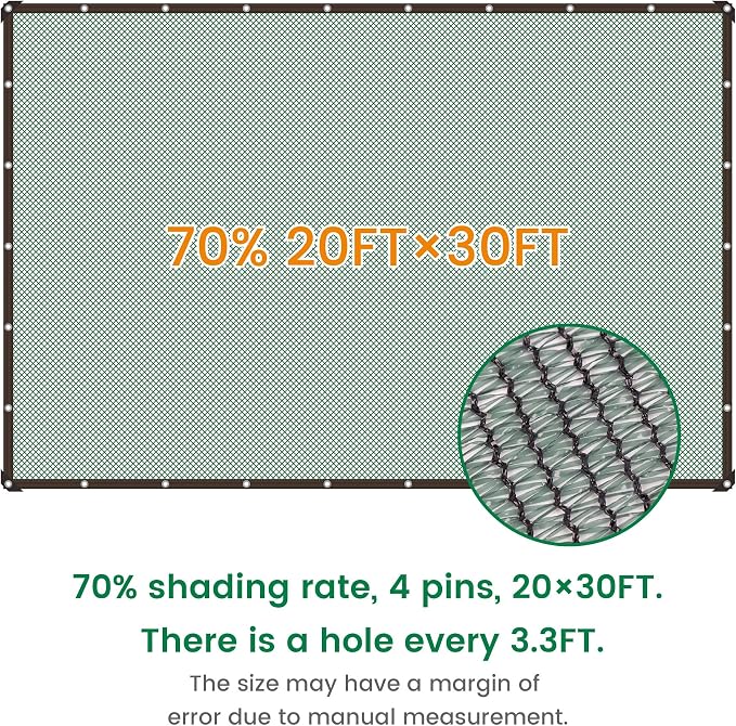 Shade Cloth, 20FT X 30FT 70% Green Outdoor Woven Sun Shade with Grommets, Durable Breathable Netting Shading Antifreezing for Patio, Garden, DIY Home, Plants Cover, Greenhouse, Dog Kennel
