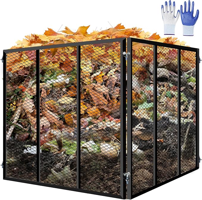 Large Compost Bin Outdoor - Metal Wire Mesh Compost Bins with Rust-Proof Coating, Easy to Assemble Square Garden Compost Bin for Yard Waste, Leaves & Kitchen Scraps, 37x37x30 Inches Black