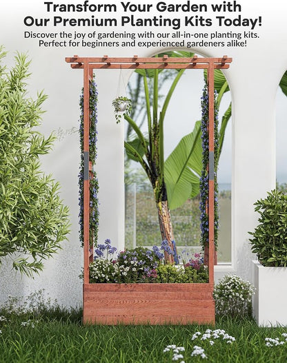 Patikuin 45" Elevated Wooden Raised Garden Bed with Trellis & Canopy, Freestanding Planter Box with Side Supports & Drainage Holes, Large Vertical Planter for Climbing Plants, Vines, Flowers, Patio