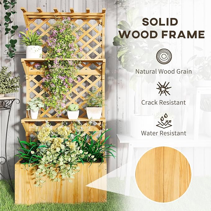 Outsunny Wooden Planter with Trellis, Raised Garden Bed with Hanging Roof, Plant Shelf, Drainage Holes and Bed Liner, for Climbing Plants, Vegetables, Flowers, 30" x 13" x 70", Natural